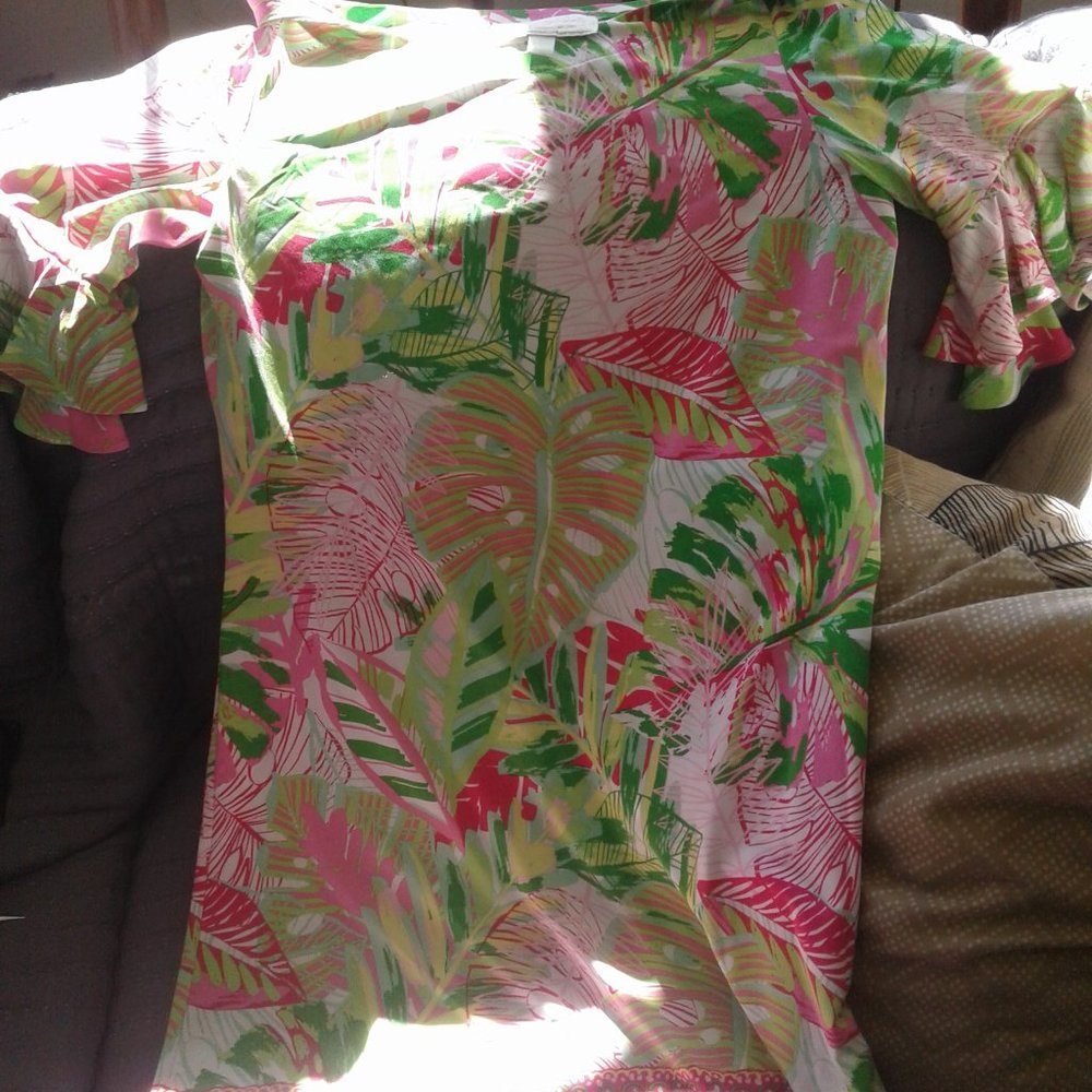 COPY - Pappagallo S bright pink and green floral knee length 3/4 ruffled … - Picture 4 of 6